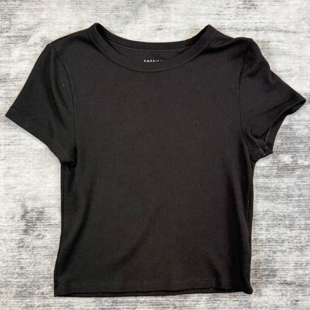 American Eagle Womens Black Waffle Knit Short Sleeve Crew Neck Crop Top Large